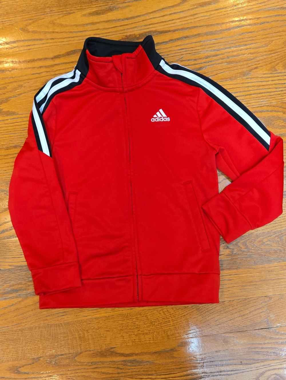 adidas Red Kids Track Jacket with Black & White Stripes, Size 5